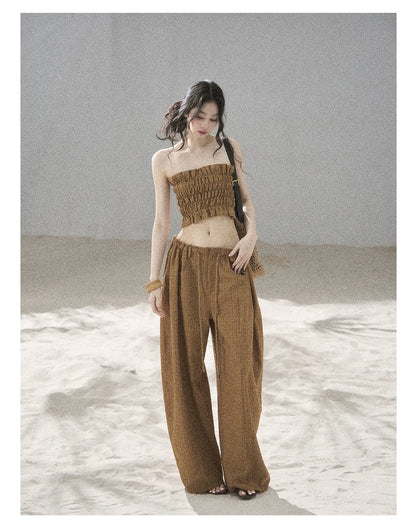 "Caramel Dusk" Ash Caramel Shirred Bandeau Top & Relaxed Pants Set
