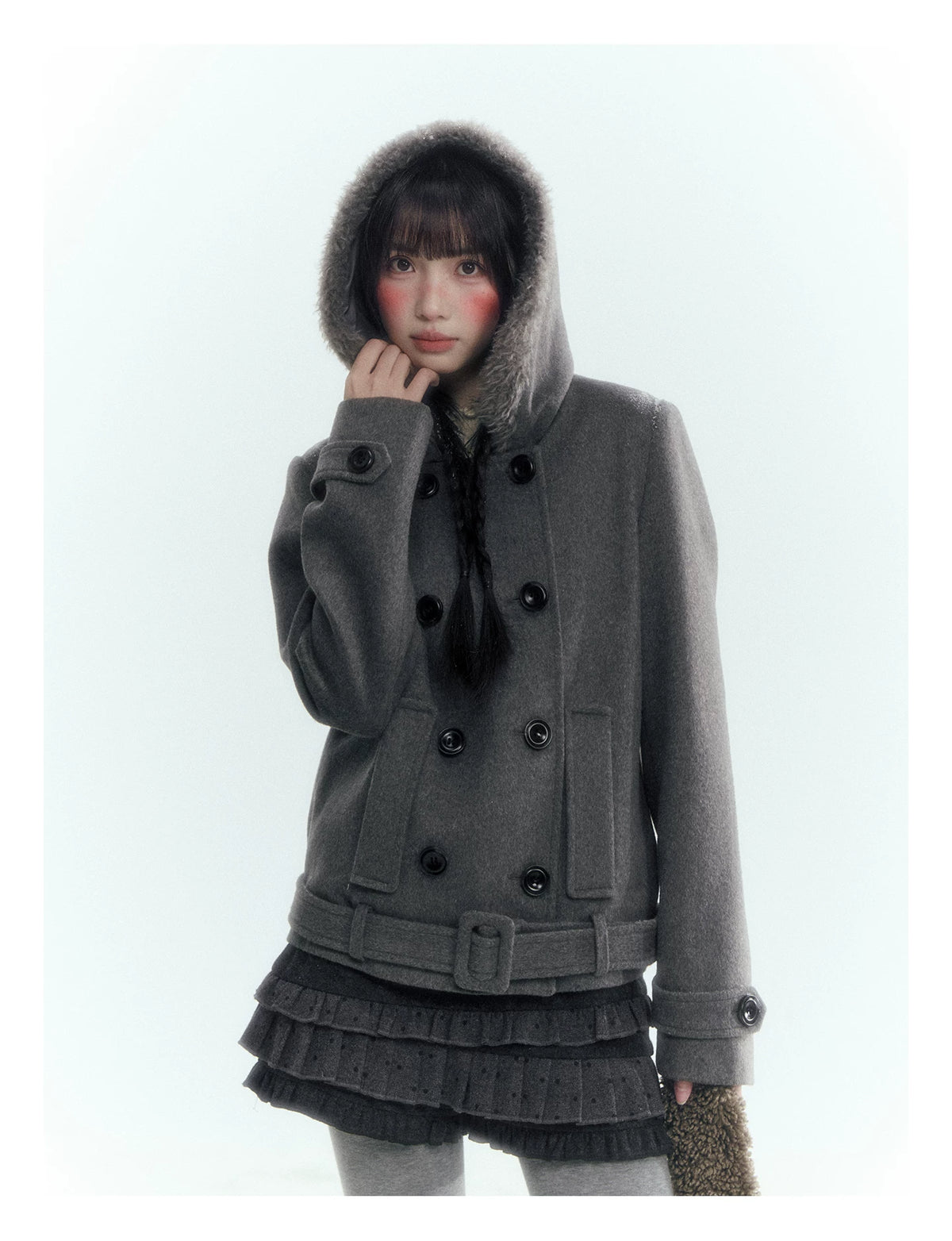 Horridale - Dark Gray Double-Breasted Hooded Wool Blend Coat