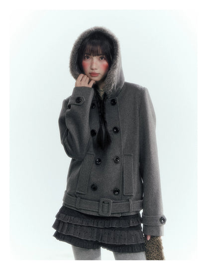Horridale - Dark Gray Double-Breasted Hooded Wool Blend Coat