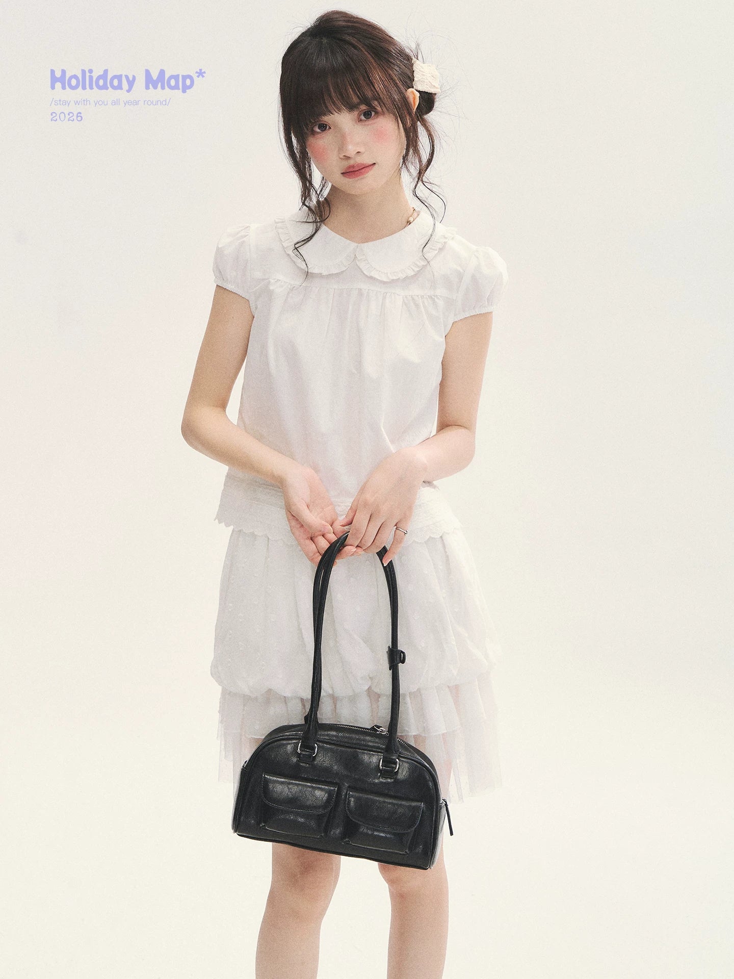"Black & White Sonata" Polka Dot Mesh Tiered Jellyfish Skirt (White/ Black)