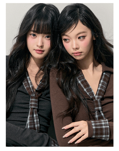 少也眼 “Faded Moss Traces” Vintage Plaid Layered-Effect Knit Top 5435435