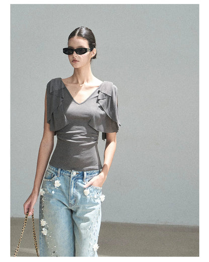 "Where Clouds Fall" Ruffle Sleeve V-Neck Crop Top (Forest Green/ Sage Gray/ Misty Blue/ Cinnamon Pink)