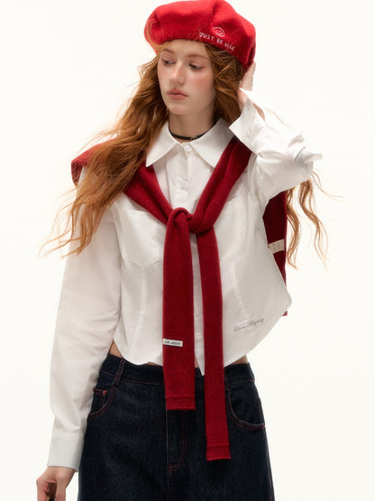 ASGONY - Preppy Embroidered Cropped Shirt (White)