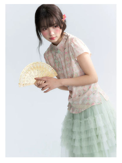 "Lime Mille-Feuille Glow" Peach Mist Chinese-Inspired Short Sleeve Top & Lime Green Tulle Tiered Skirt Set