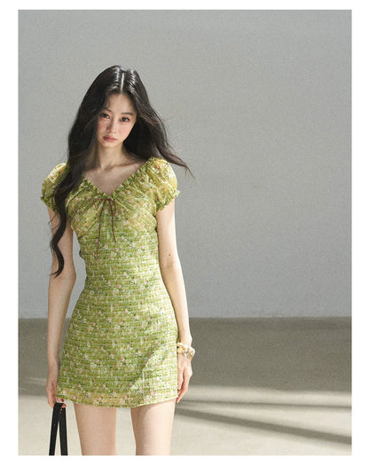 "Breath of the Forest" Misty Sage Embroidered Chiffon Mini Dress