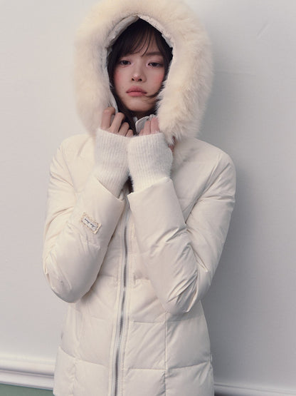 Soote Season - Milk White Cropped Hooded Slim Down Jacket with Detachable Fur Collar