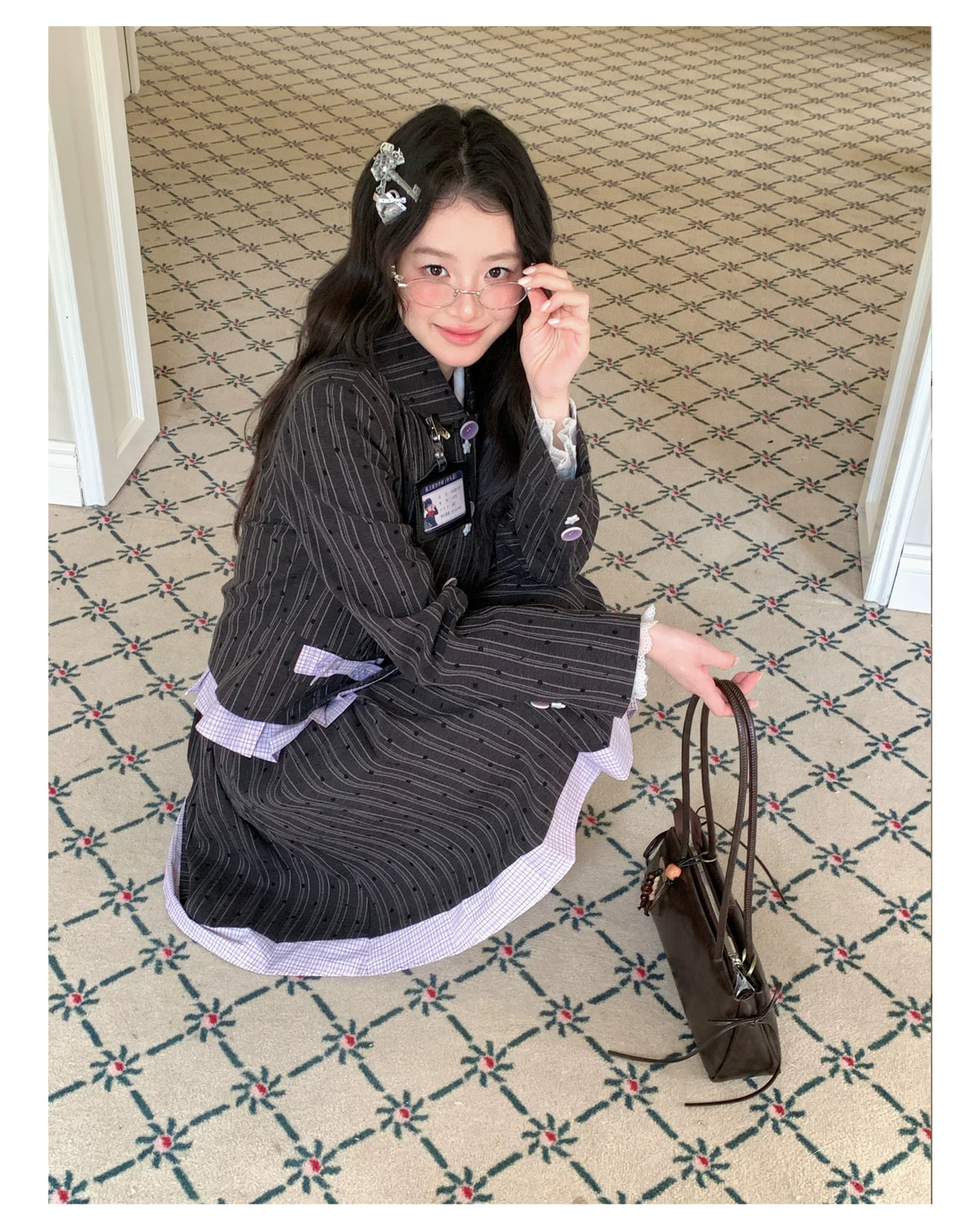 [[RF] “Ink Plaid Prelude” Gray-Purple Plaid Striped Pleated Skirt Two-Piece Set
