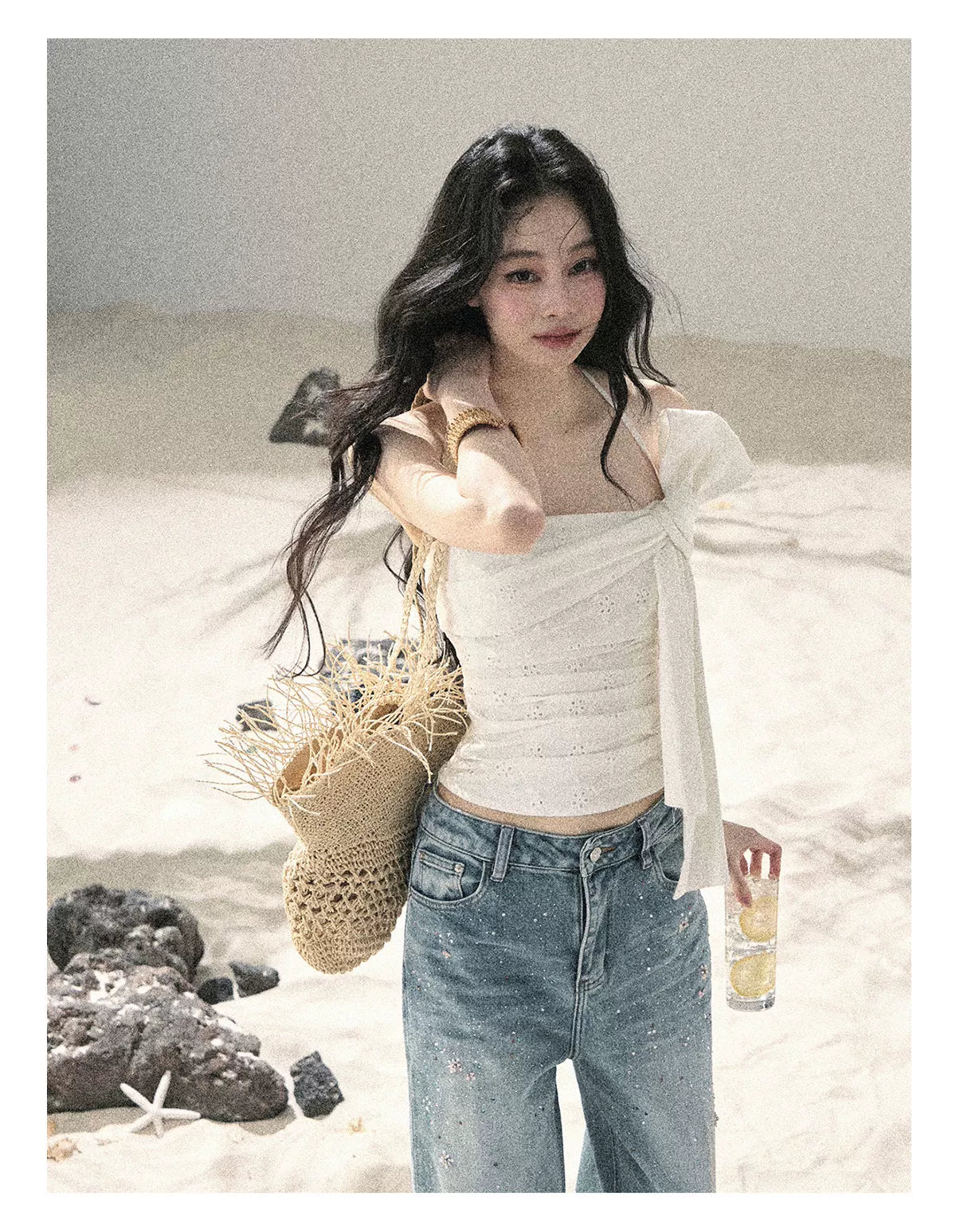 "Fragments of Tenderness" Frost White Halter Twist Crop Top