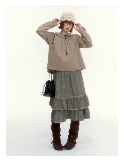 Dried Grass Green Vintage Lace Tiered A-Line Skirt