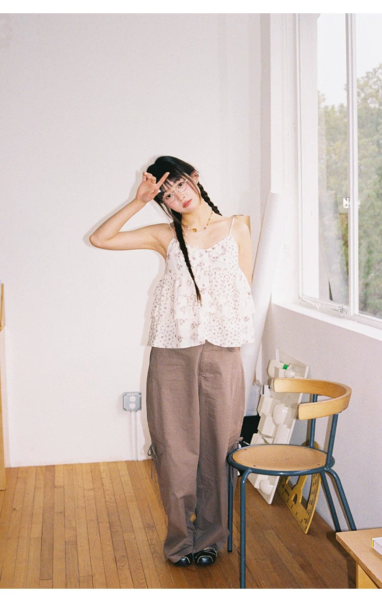 "Among the Blossoms" Soft Gray Floral Cotton Ruffle Cami Top
