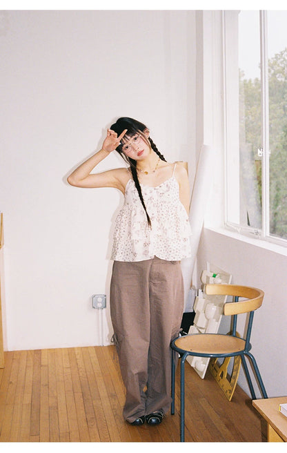 "Among the Blossoms" Soft Gray Floral Cotton Ruffle Cami Top
