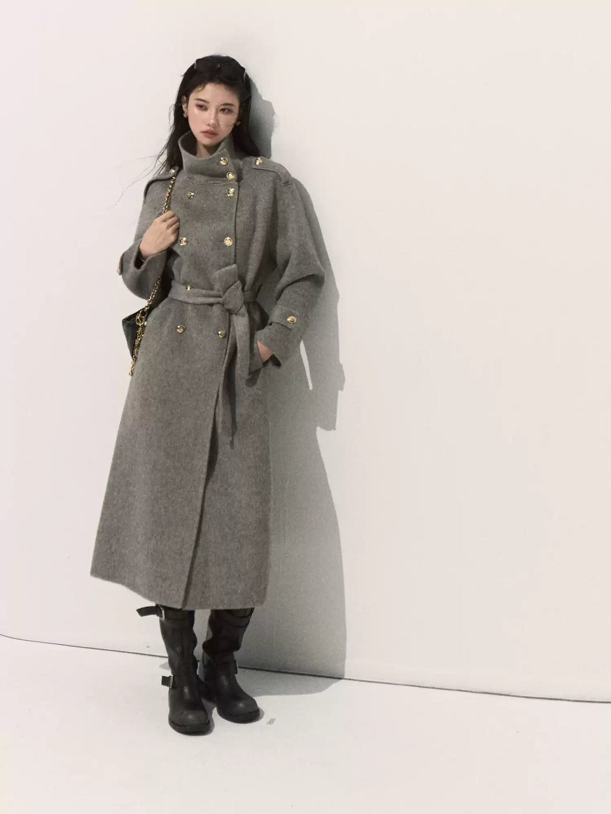 OAKMOO/ Pure Wool Belted Double-Faced Stand Collar Coat (Silver Blue / Flint Gray)
