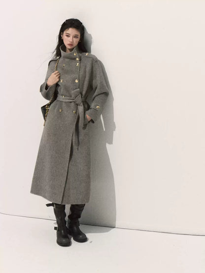 OAKMOO/ Pure Wool Belted Double-Faced Stand Collar Coat (Silver Blue / Flint Gray)