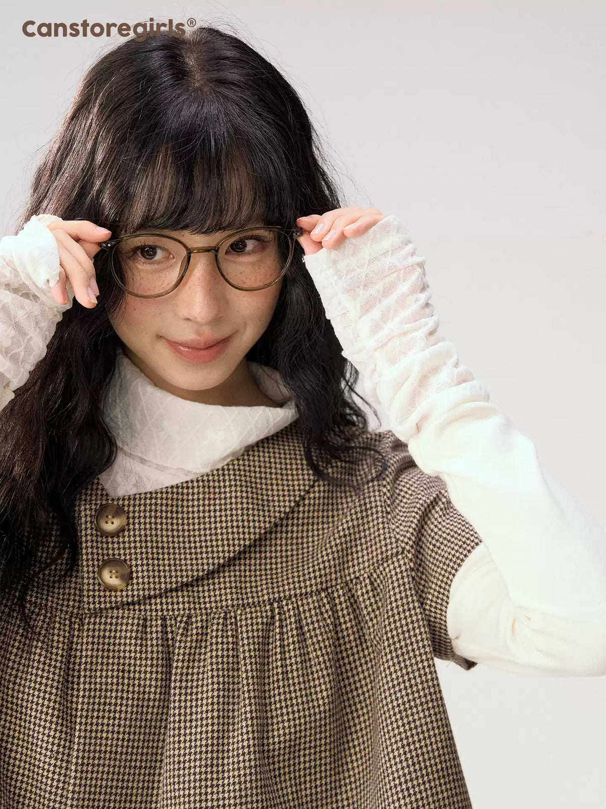 [CAN] “Autumn Plaid Letter” Brown Houndstooth Asymmetric Collar Top