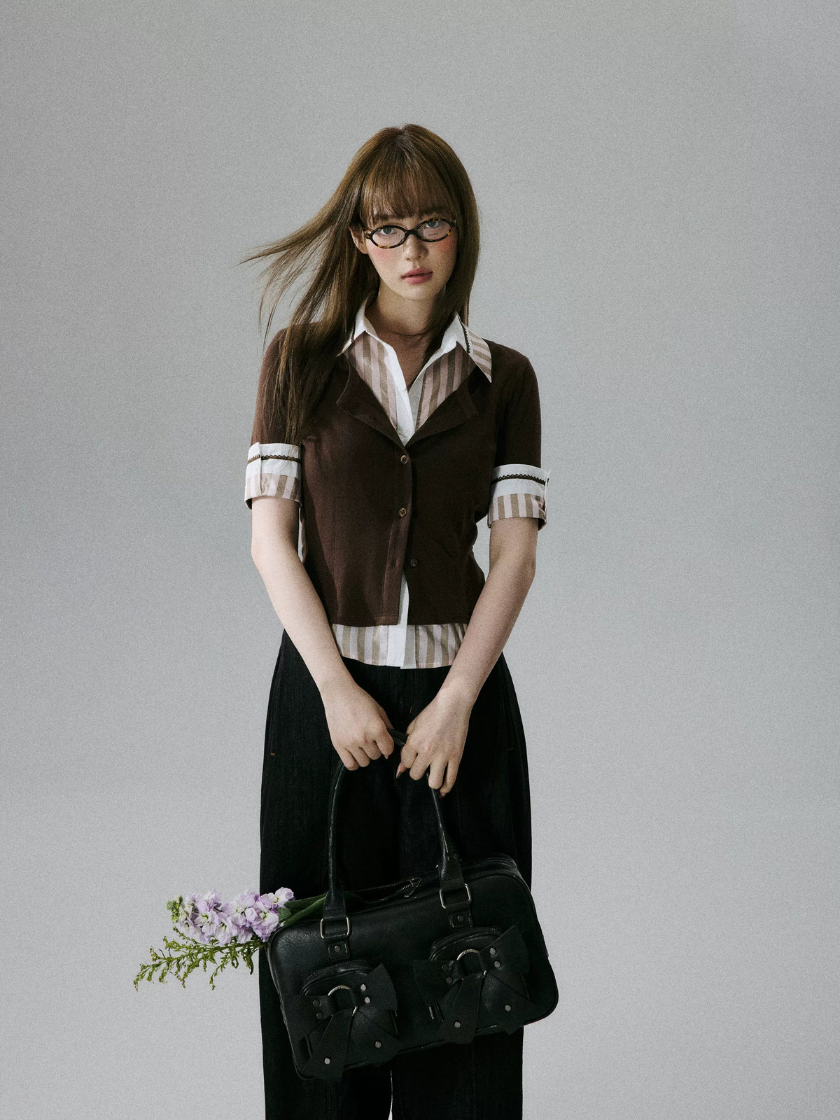 LOST FOREST - Brown & Pink Faux-Layered Lyocell Wool Top