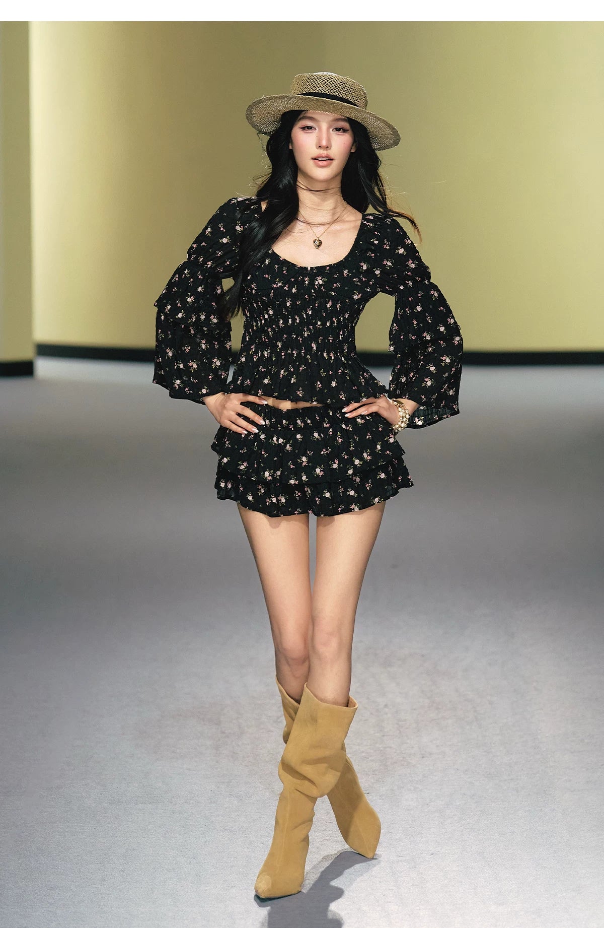 "Midnight Tea Garden" Black Floral Ruffle Blouse & Tiered Mini Skirt Set