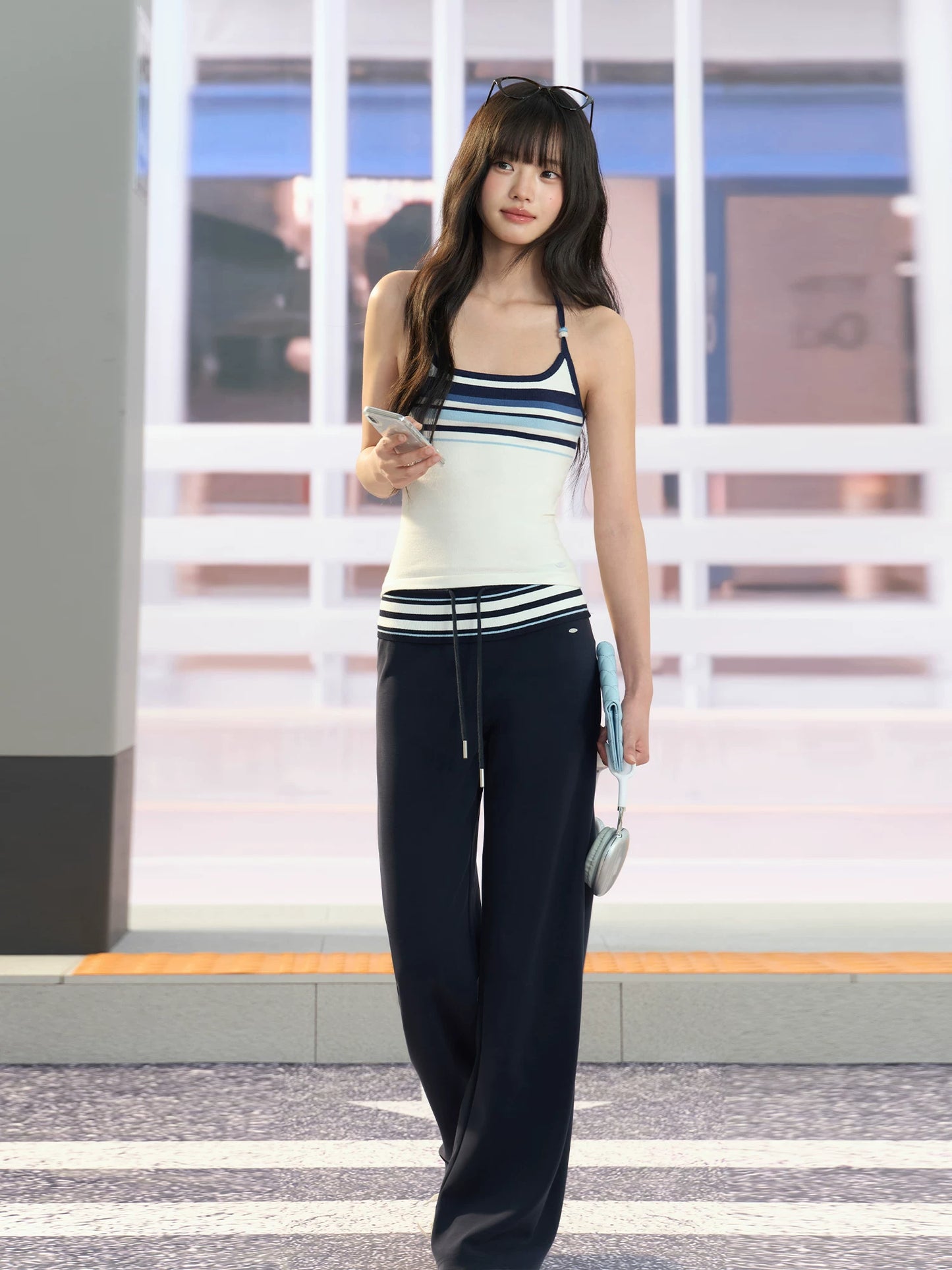 "Effortless Departure" Navy Drawstring Wide-Leg Pants