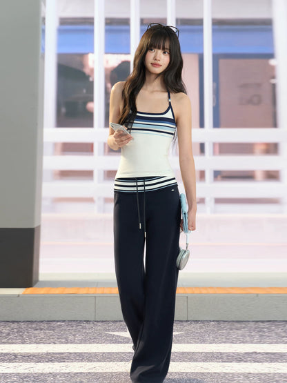 "Effortless Departure" Navy Drawstring Wide-Leg Pants