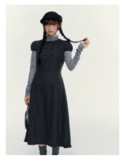 Vintage Double-Breasted Wool Dress & Knit Fringe Cape Set