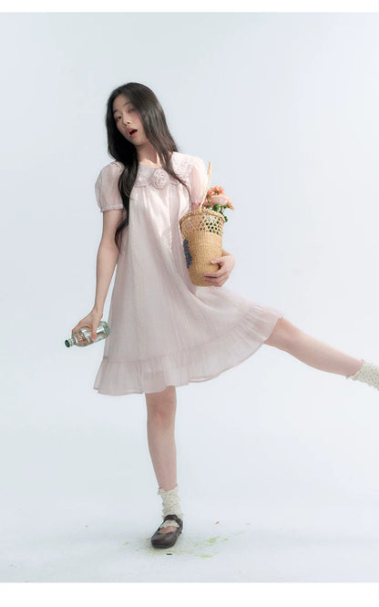 "Misty Wild Rose" Detachable Rose Lace Trim Puff Sleeve Midi Dress