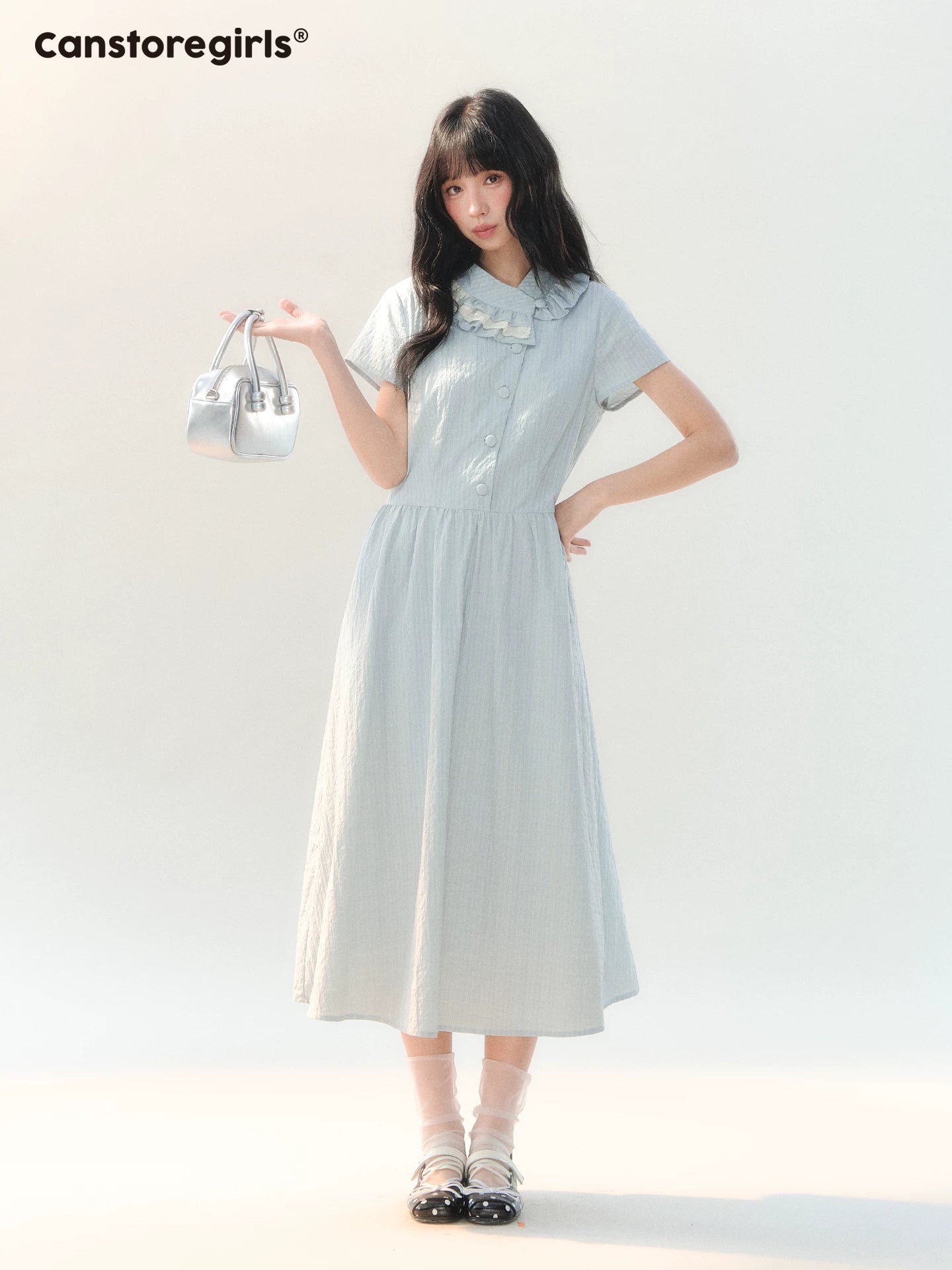 170726C "Dawn Island" Blue Puff Sleeve Doll Collar Dress