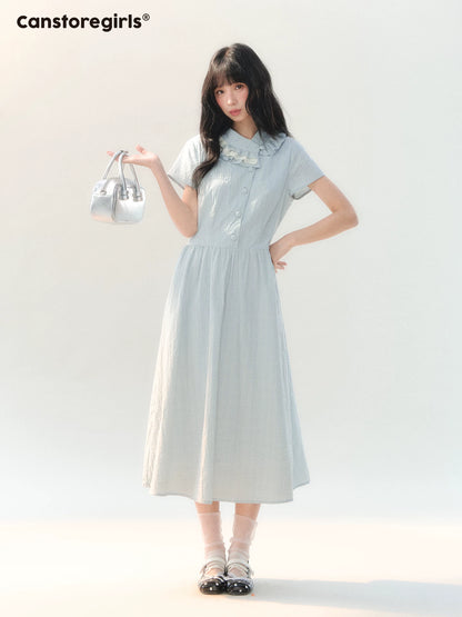 170726C "Dawn Island" Blue Puff Sleeve Doll Collar Dress