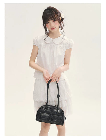 "Cotton Cloud" White Ruffle Collar Puff Sleeve Babydoll Top