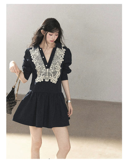 AOMALM - Navy French-Inspired Lace Shirt Mini Dress with Convertible Sleeves