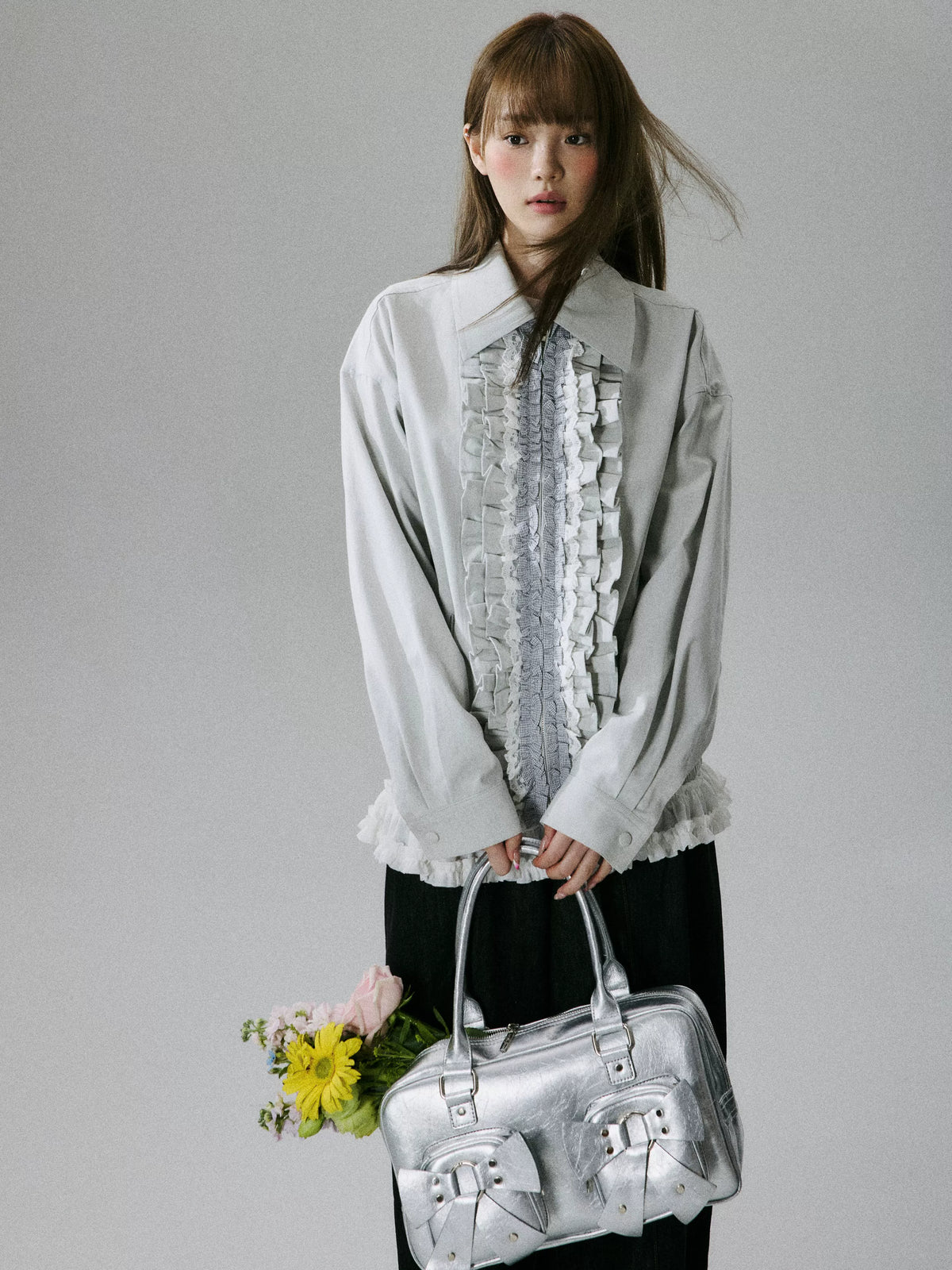 LOST FOREST - Silver Gray Ruffle-Trim Cotton Jacket