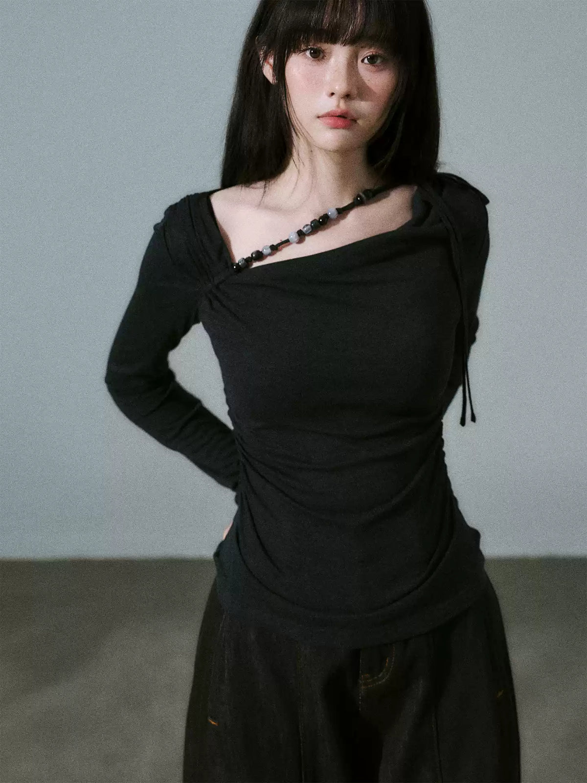 LOST FOREST - Deep Charcoal Gray Lyocell-Wool Cowl-Neck Top with Handmade Beading