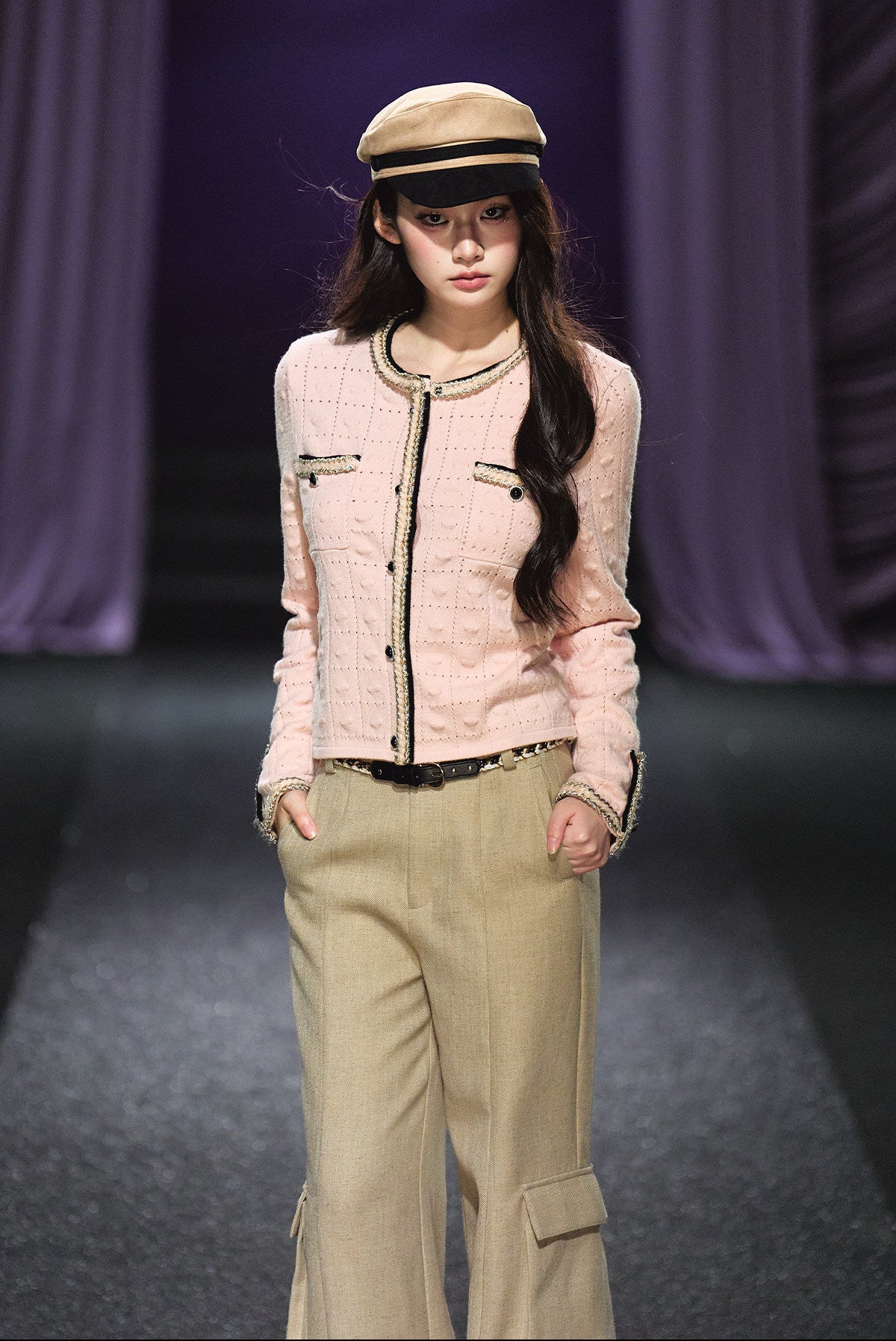 "Rosé Tweed" Pink Openwork Knit Cropped Cardigan