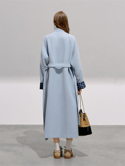BOHOL BLING - Preppy Light Blue Plaid Wool Blend Long Coat