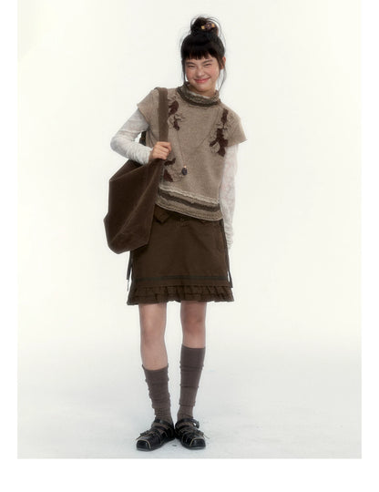 “Wild Caramel” Brown Washed Layered Ruffle Bow Pocket A-Line Skirt