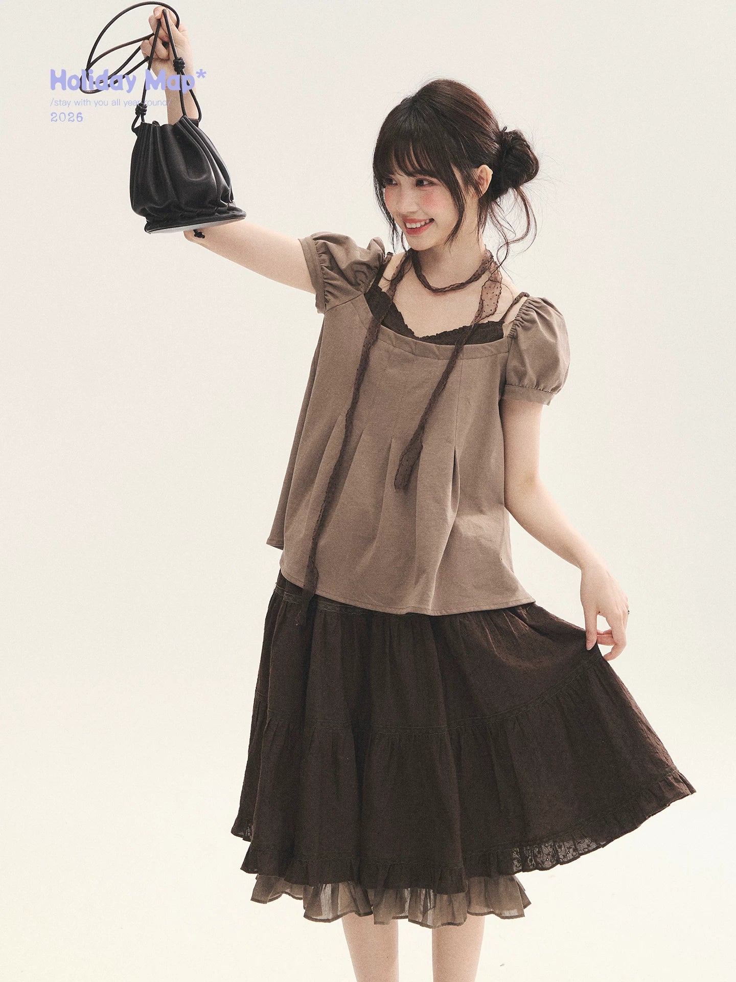 "Faded Bloom" Deep Brown Red Lace Trim Tiered A-Line Skirt