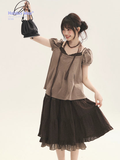 "Tea Brown Reverie" Tea Brown Off-Shoulder Puff Sleeve Knit Top