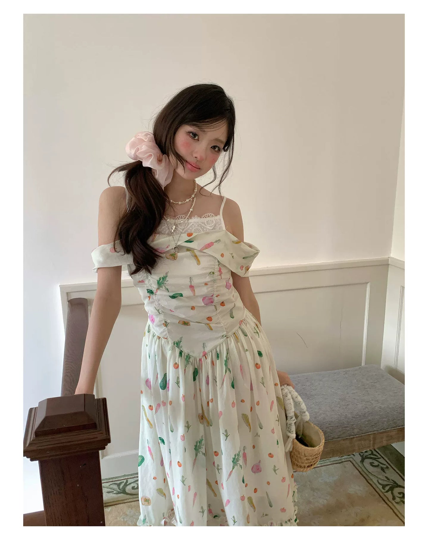 “Verdant Orchard Reverie” Beige Fruit Print Off-Shoulder Dress