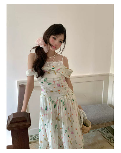 “Verdant Orchard Reverie” Beige Fruit Print Off-Shoulder Dress