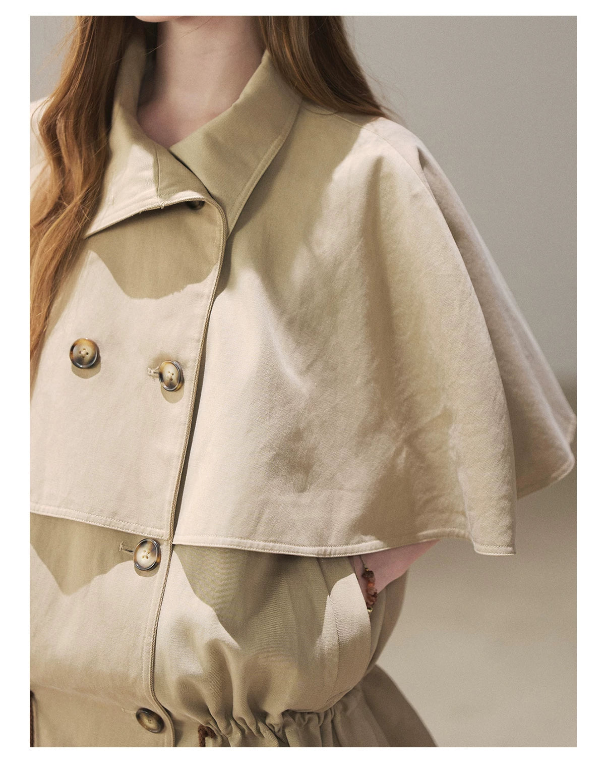 AOMALM - "Through the Oak Grove" Almond Taupe Cape Coat with Drawstring