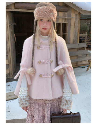 RF - Vintage Pink Fuzzy Cropped Cape Coat with Ribbon Buttons