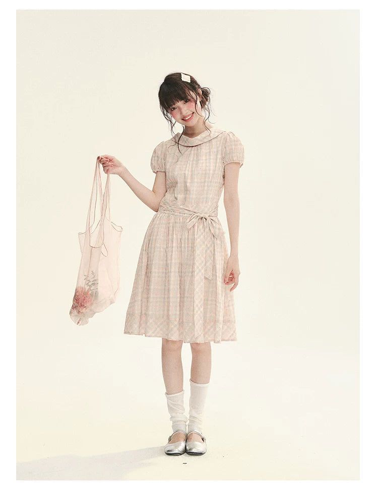 "Showa Girl" Vintage Plaid Floral Print Peter Pan Collar Bow Waist-Defined A-Line Dress