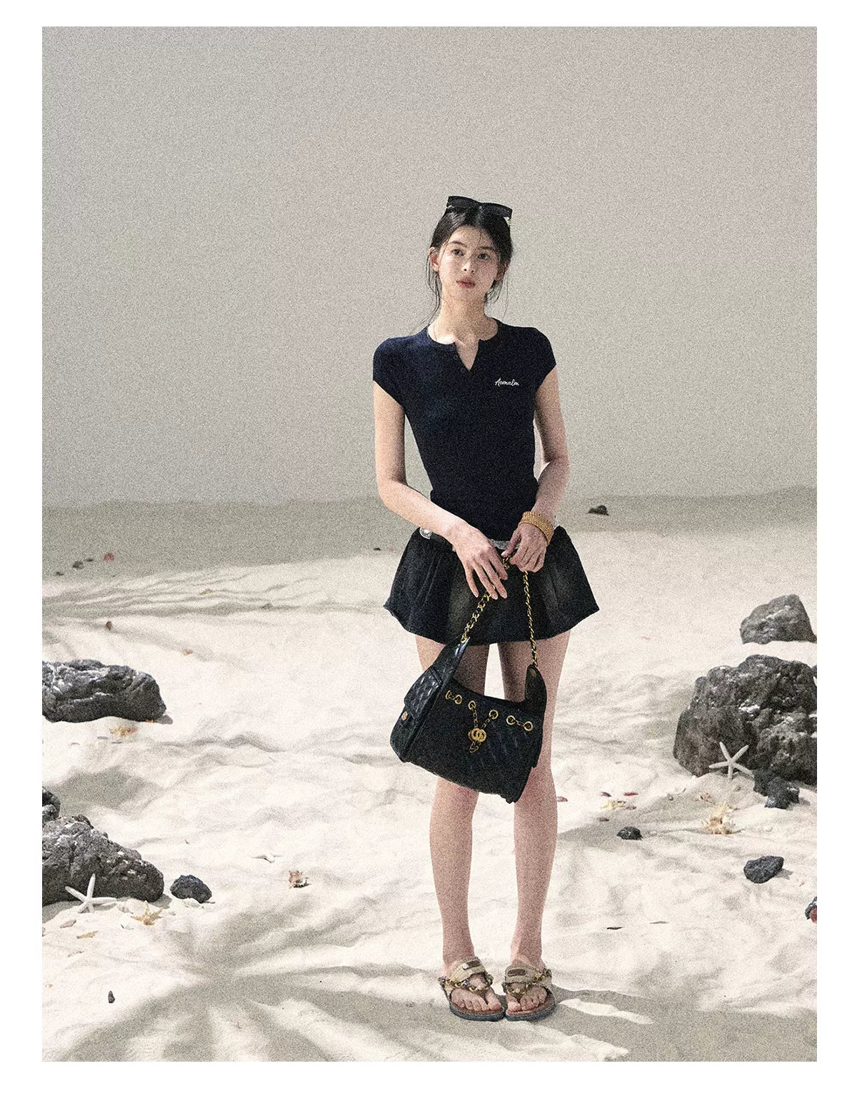 "Letter from the Tides" Navy Blue Faux Two-Piece Lace Waist-Fit Crop Top 452436
