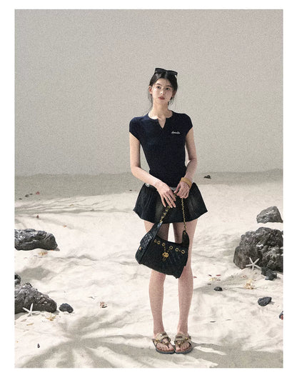 "Letter from the Tides" Navy Blue Faux Two-Piece Lace Waist-Fit Crop Top 452436
