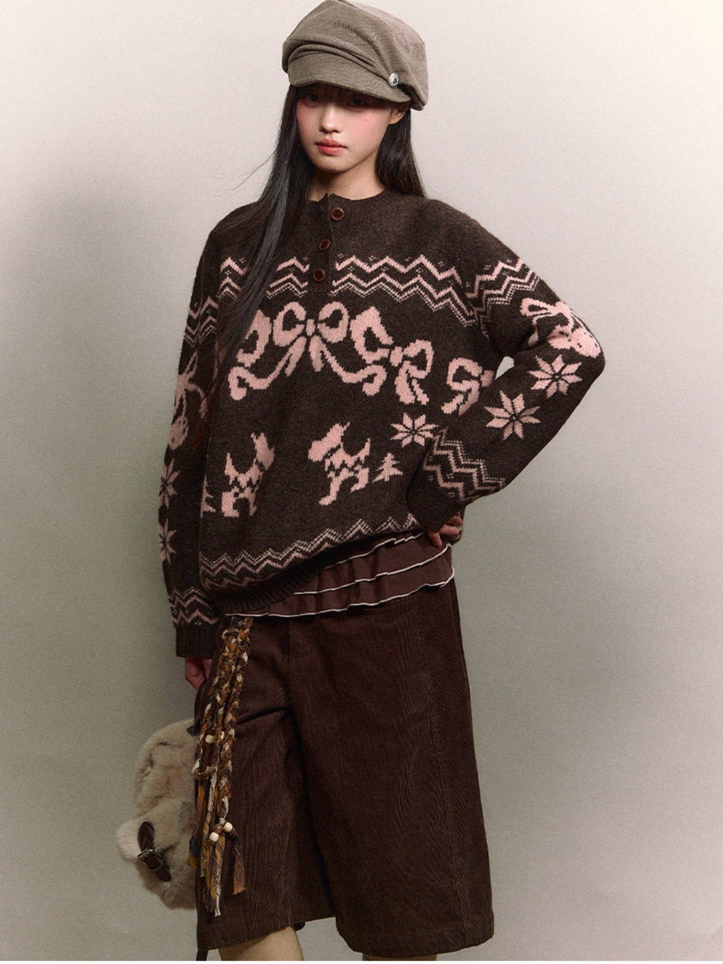 Soote Season - Fair Isle Cinnamon Bow Henley Knit Sweater