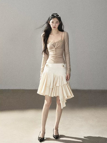 AOMALM - "Dappled Tree Shadows" Oat Beige Korean Lace Camisole Long-Sleeve Top Set
