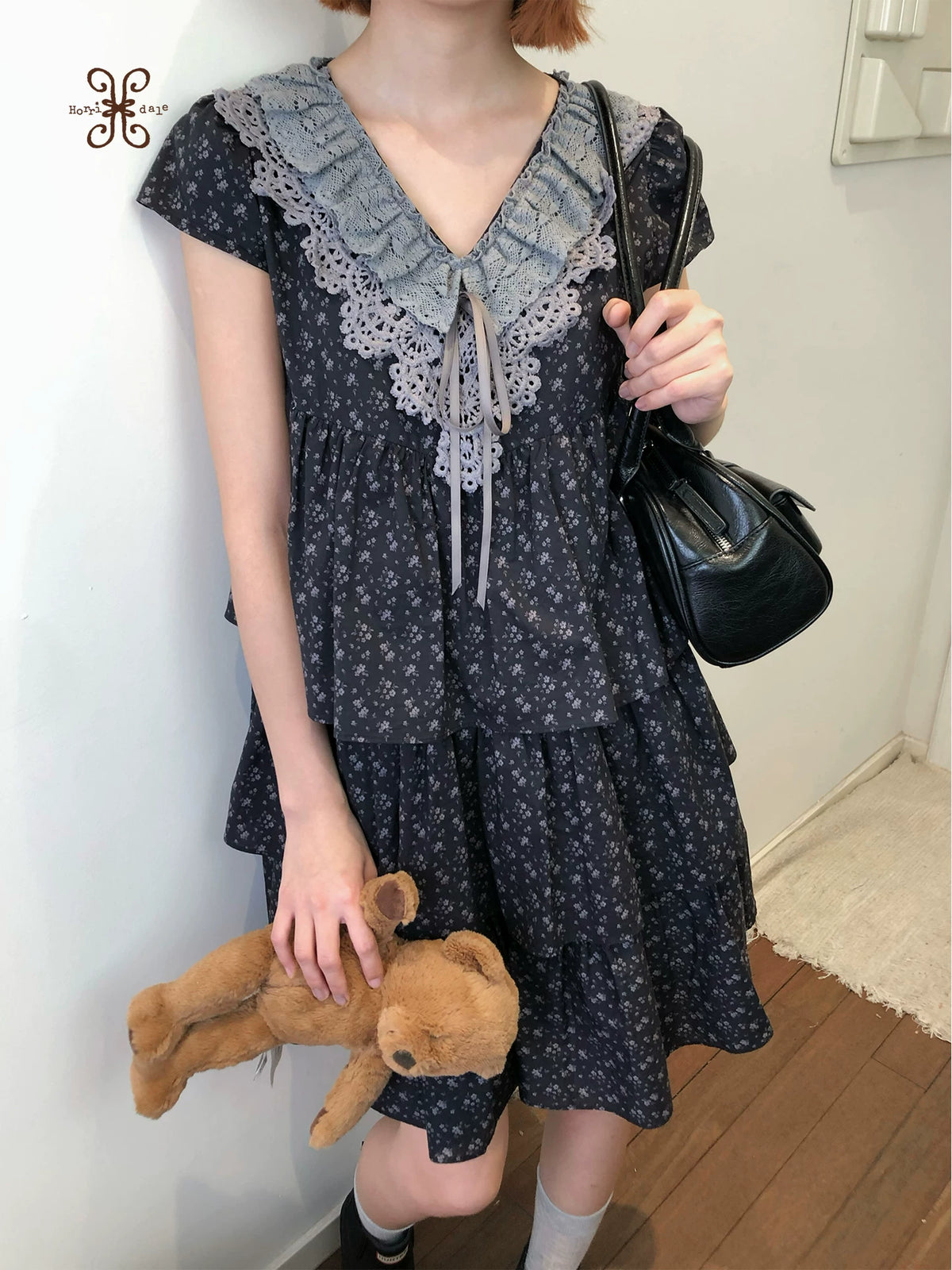 “Midnight Petal” Gray-Black Floral Top & Tiered Dress