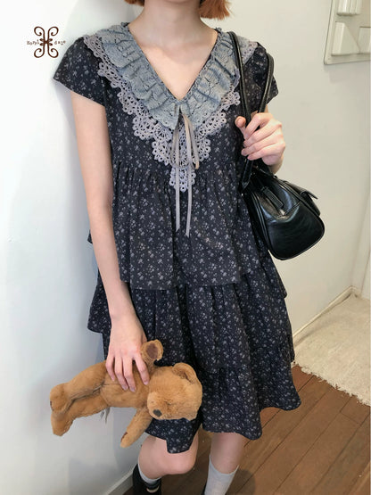 “Midnight Petal” Gray-Black Floral Top & Tiered Dress