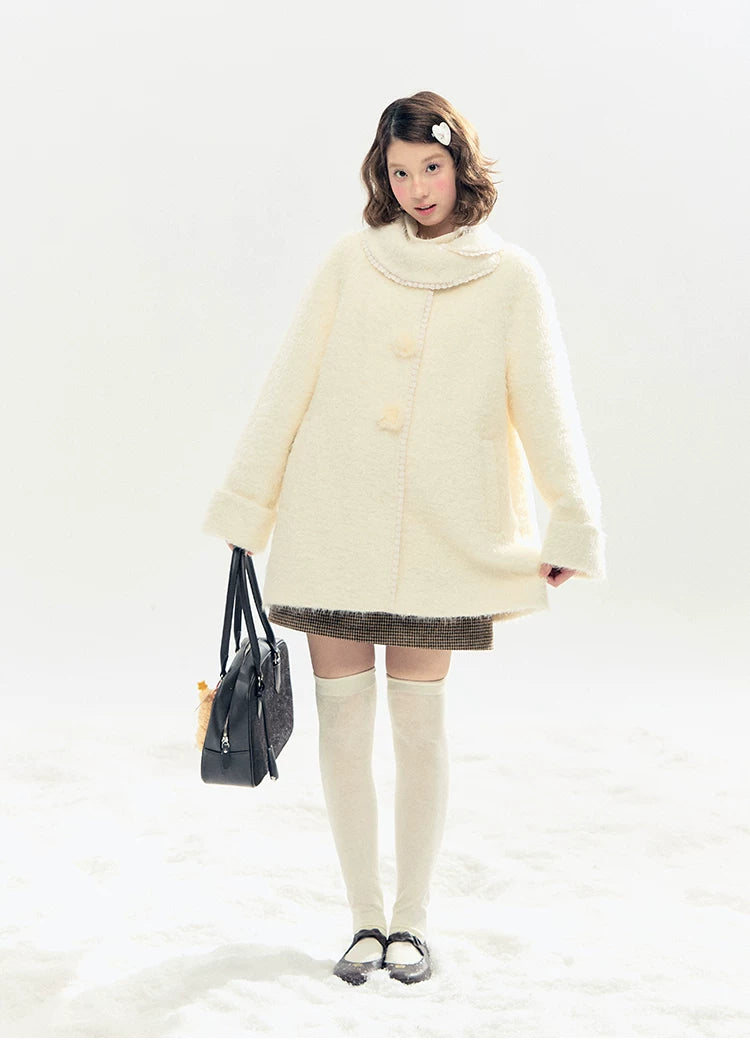 "Snow-Kissed Sakura" Ivory Wool-Blend Quilted Mid-Length Coat with Detachable Plush Flowers