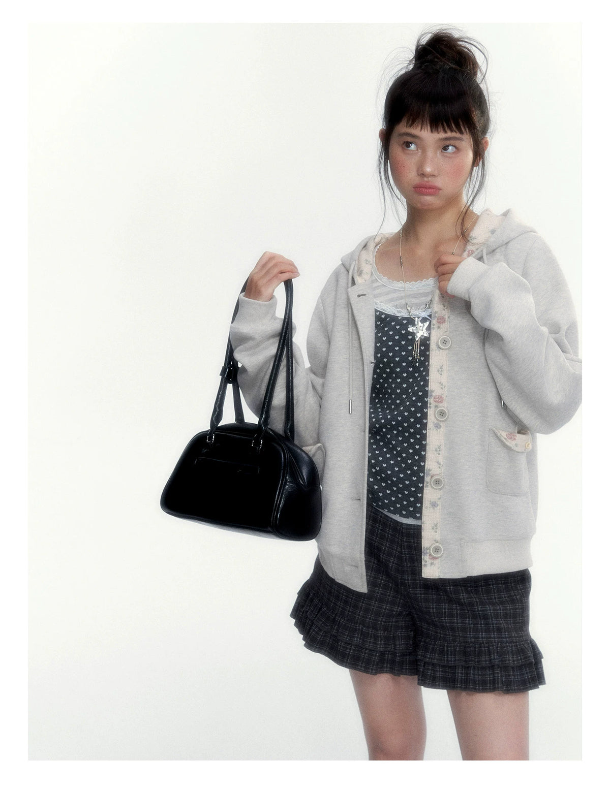 “Heart Dot” Charcoal Polka Dot Lace Trim Fitted Knit Cami