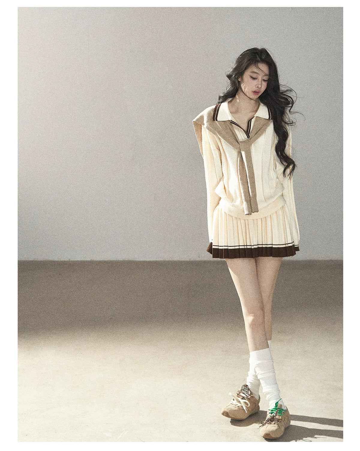 AOMALM - Dutch Cheese Knit Top & Pleated Mini Skirt Set with Khaki Shawl