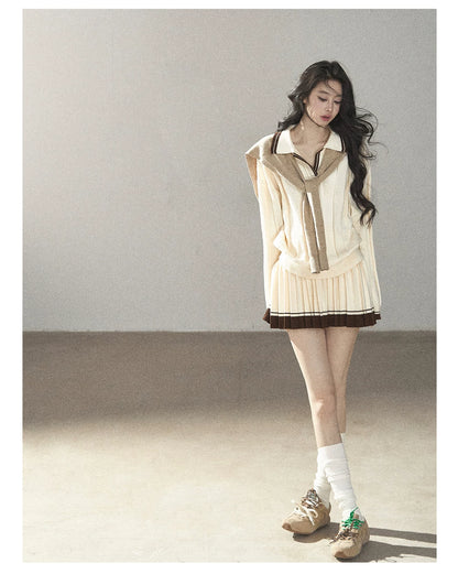 AOMALM - Dutch Cheese Knit Top & Pleated Mini Skirt Set with Khaki Shawl
